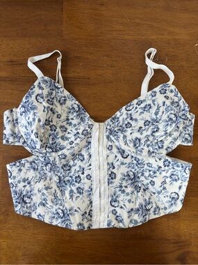 Floral Print Bustier Crop Top - White & Blue